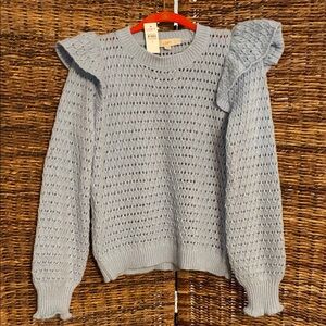 LOFT Women's Soft Blue Ruffle Shoulder Sweater